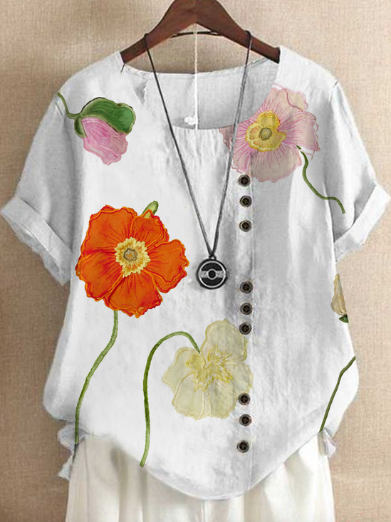 Women's Short Sleeve Shirt Summer Floral Crew Neck Daily Going Out Casual Top White