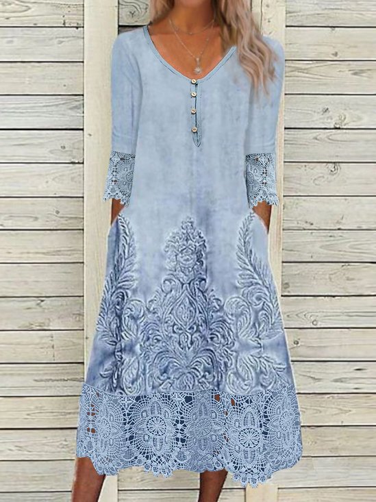 Women's Long Sleeve Spring/Fall Random Print Lace Dress Asymmetrical Daily Going Out Casual Maxi H-Line Blue