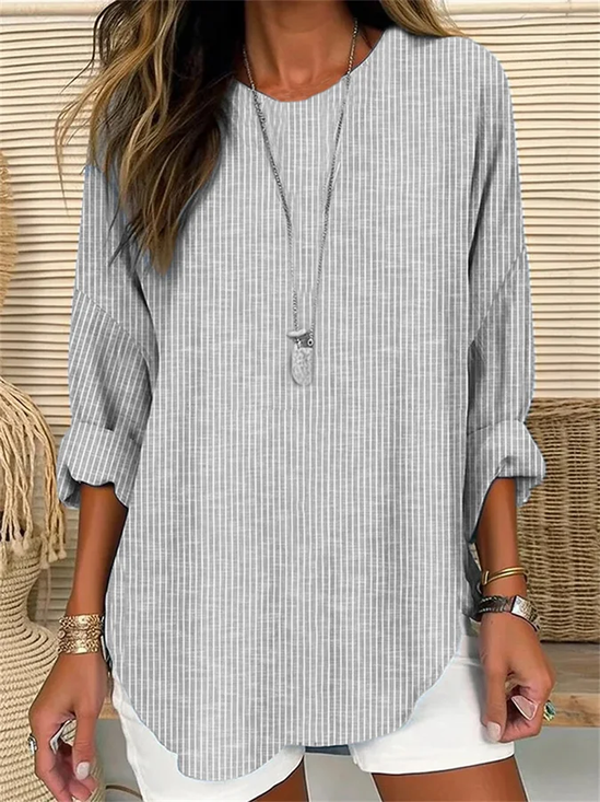 Women's Long Sleeve Blouse Spring/Fall Striped Crew Neck Daily Going Out Casual Top Gray