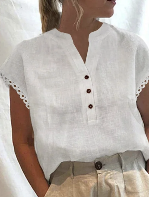 Women's Short Sleeve Blouse Summer Plain Cotton V Neck Daily Going Out Simple Top White