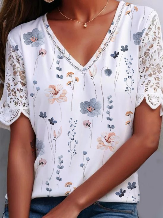 Floral Cotton-Blend Lace Edge Casual Shirt