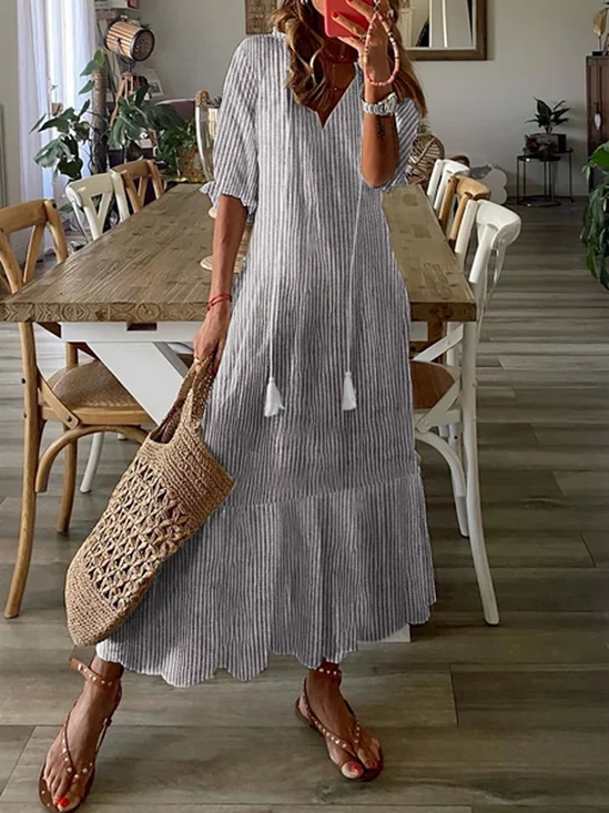 Women's Half Sleeve Summer Striped Cotton Dress V Neck Daily Going Out Casual Maxi H-Line Gray