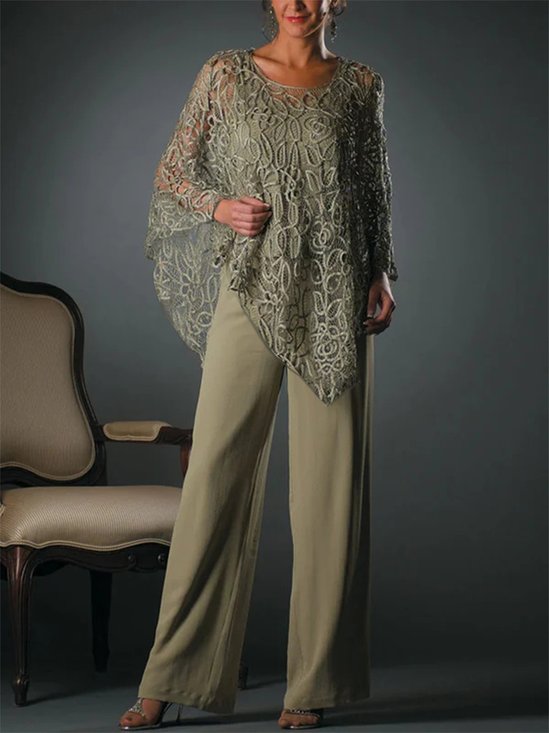 Lace Crew Neck Asymistic Hem Mother of the Bride 3 PCS Tops with Pantsuits
