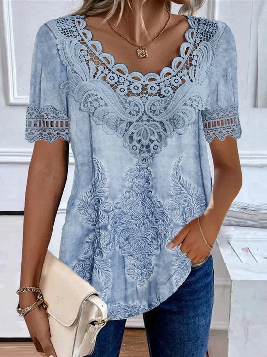 Lace Casual Loose Ethnic Crew Neck Blouse