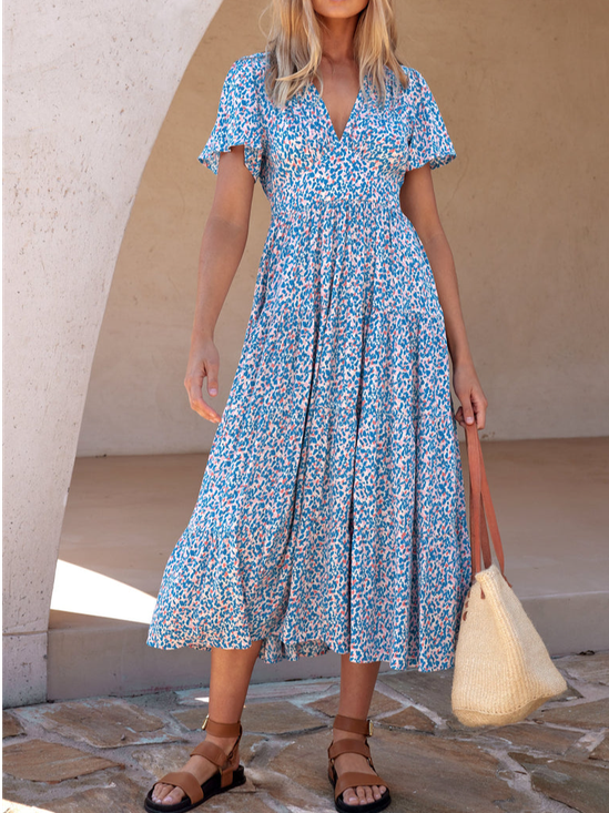 Floral Vacation V Neck Loose Dress With No