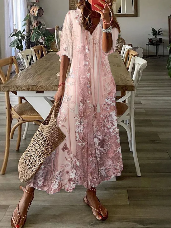 Women's Half Sleeve Summer Floral Mesh Dress V Neck Daily Going Out Casual Maxi H-Line Pink