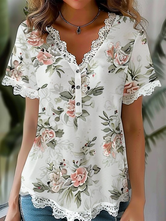 Lace Edge V Neck Buttoned Elegant Floral Shirt