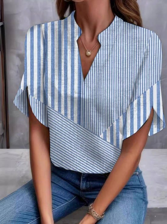 Women's Half Sleeve Blouse Summer Striped Split Joint V Neck Daily Going Out Casual Top Blue