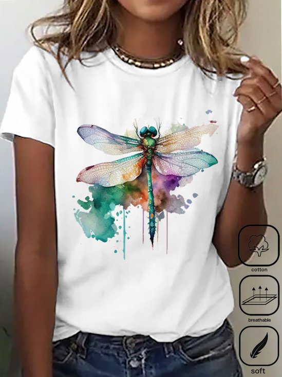 Women's Short Sleeve Tee T-shirt Summer Dragonfly Crew Neck Daily Going Out Casual Top White