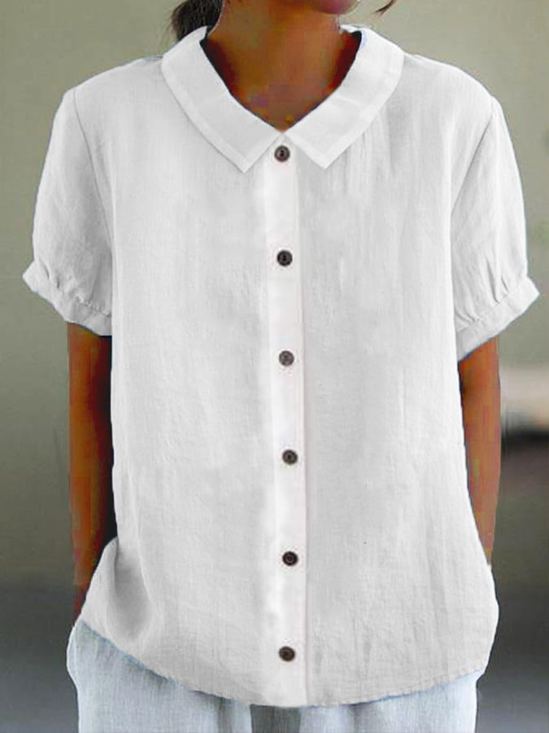 Women's Short Sleeve Shirt Summer Plain Cotton Shawl Collar Daily Going Out Linen Top White