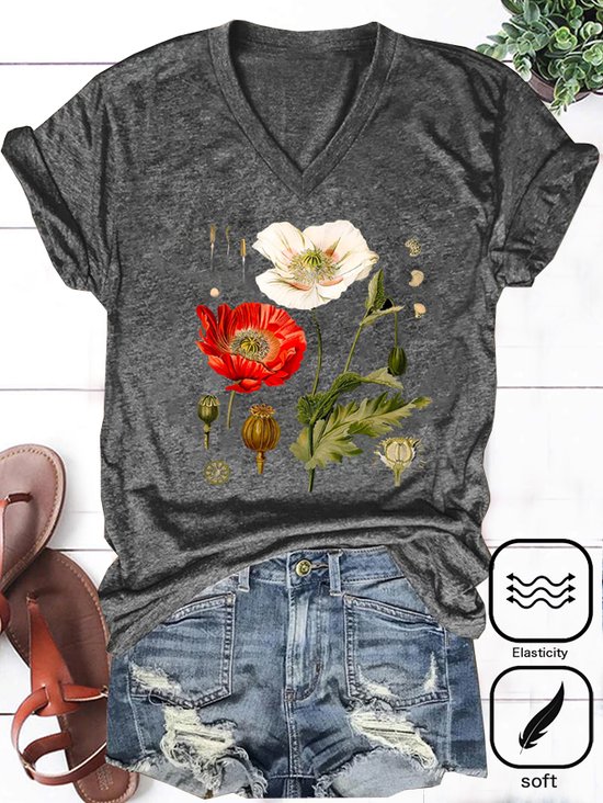 Women's Short Sleeve Tee T-shirt Summer Floral Knitted V Neck Daily Going Out Casual Top White