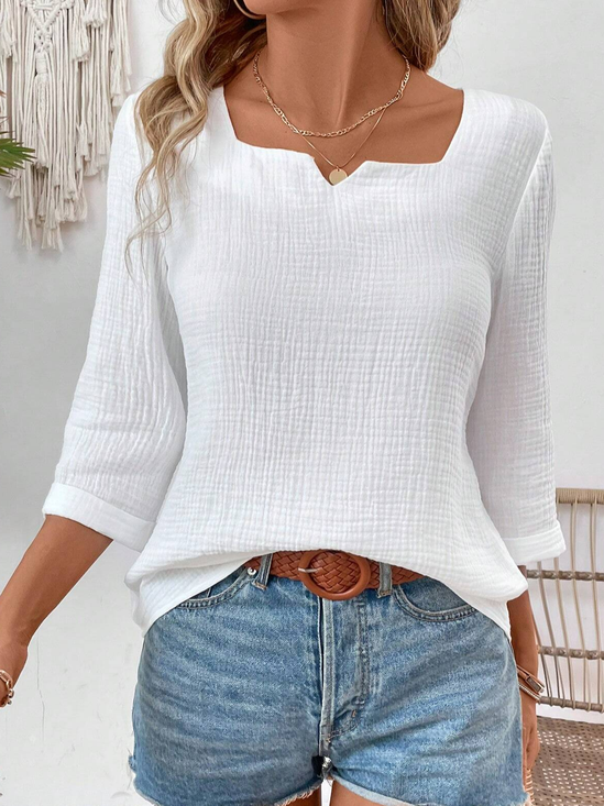 Women's 3/4 Sleeve Summer Blouse Plain Cotton Square Neck Notched Daily Going Out Simple Top Spring/Fall White 