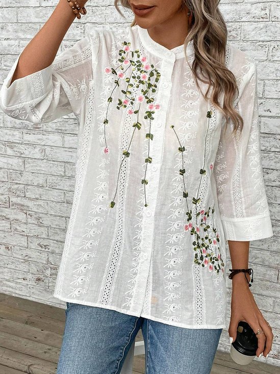 JFN Stand Collar Cotton Embroided Floral 3/4 Sleeve Tunic Shirt