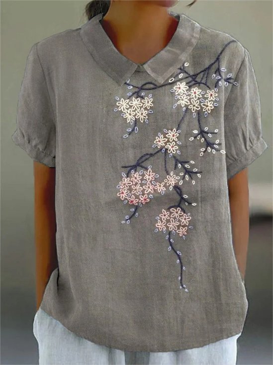 Cotton Casual Shawl Collar Floral Shirt