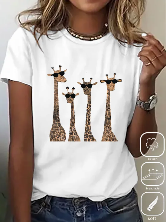 Women's Short Sleeve Tee/T-shirt Summer Deer Cotton Crew Neck Daily Going Out Casual Top Black