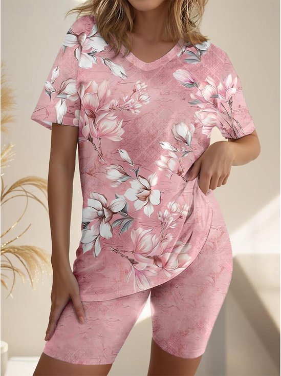 Women's Floral Going Out Two-Piece Short Sets Pink Casual Summer Top With Pants Matching Sets