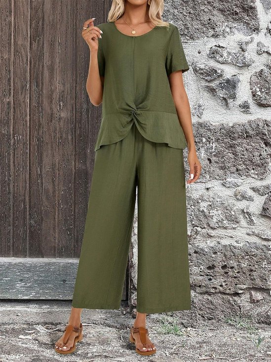 Casual Crew Neck Loose Ruched Two-Piece Set