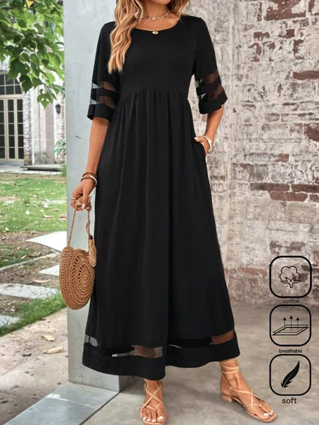 Women's Short Sleeve Summer Plain Crew Neck Daily Going Out Casual Maxi A-Line Dress Black