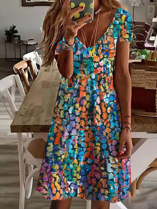 Women's Short Sleeve Summer Abstract V Neck Daily Going Out Casual Mini H-Line Dress Multicolor