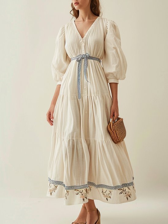 Women's Half Sleeve Summer Floral Linen Dress V Neck Vacation Going Out Linen Maxi H-Line Shirt Dress As Picture