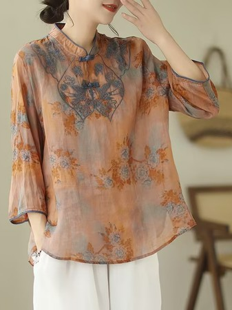Women's Three Quarter Sleeve Shirt Spring/Fall Embroidery Patterns Cotton And Linen Stand Collar Daily Going Out Casual Top As Picture
