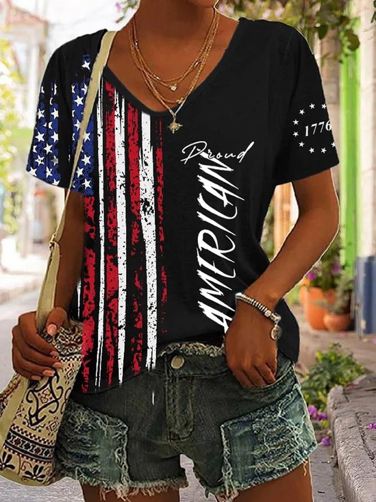 Women's Short Sleeve Tee T-shirt Summer Independence Day (Flag) V Neck Daily Going Out Casual Top Black