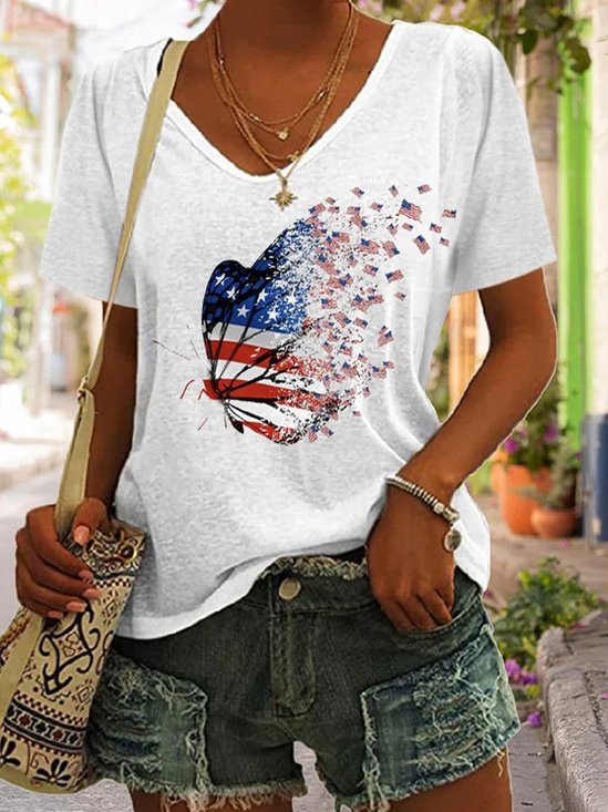 Women's Short Sleeve Tee T-shirt Summer Butterfly V Neck Daily Going Out Casual Top White