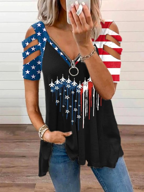 Women's Short Sleeve Tee T-shirt Summer America Flag Zipper V Neck Daily Going Out Casual Top Black