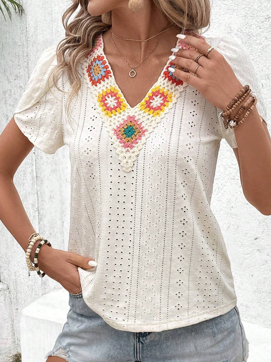 Women's Short Sleeve Blouse Summer Plain Lace V Neck Petal Sleeve Daily Going Out Casual Top Apricot