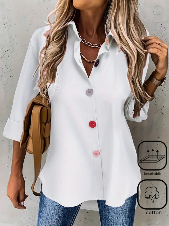 Women's Long Sleeve Shirt Spring/Fall Plain Buckle Cotton Shirt Collar Daily Going Out Casual Top White