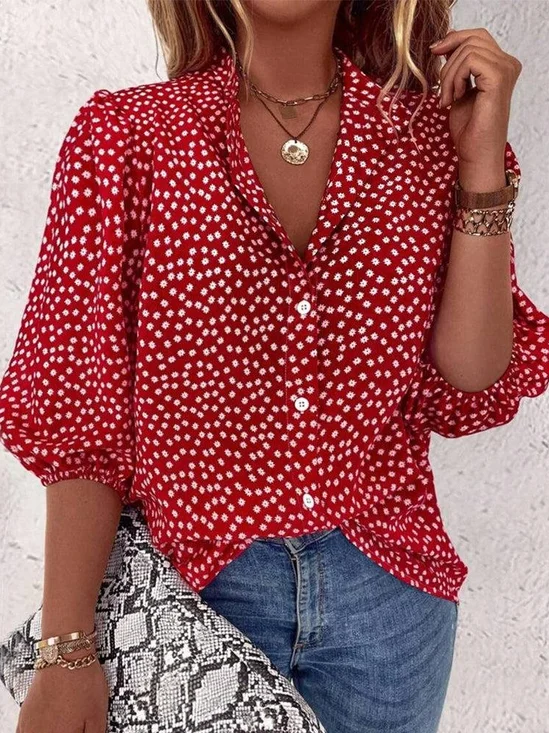 Women's Three Quarter Sleeve Shirt Spring/Fall Polka Dots Daily Going Out Casual Top Red