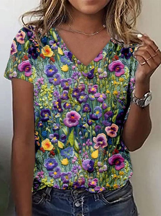 Women's Short Sleeve T-shirt Tee Summer Purple Floral Knitted V Neck Daily Going Out Casual Top