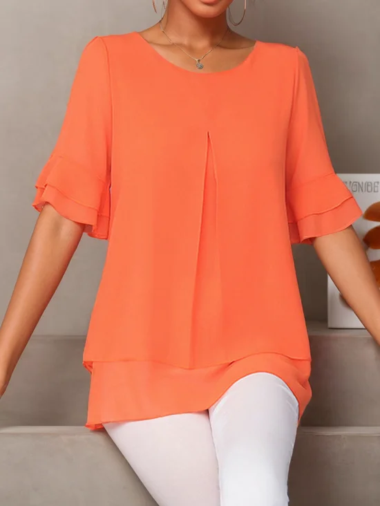 Women's Half Sleeve Blouse Summer Orange Plain Chiffon Crew Neck Ruffle Sleeve Daily Going Out Casual Tunic Top