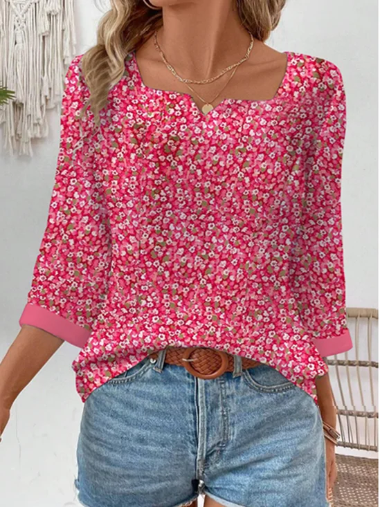 Women's Three Quarter Sleeve Blouse Summer Floral Notched Daily Going Out Casual Top Red