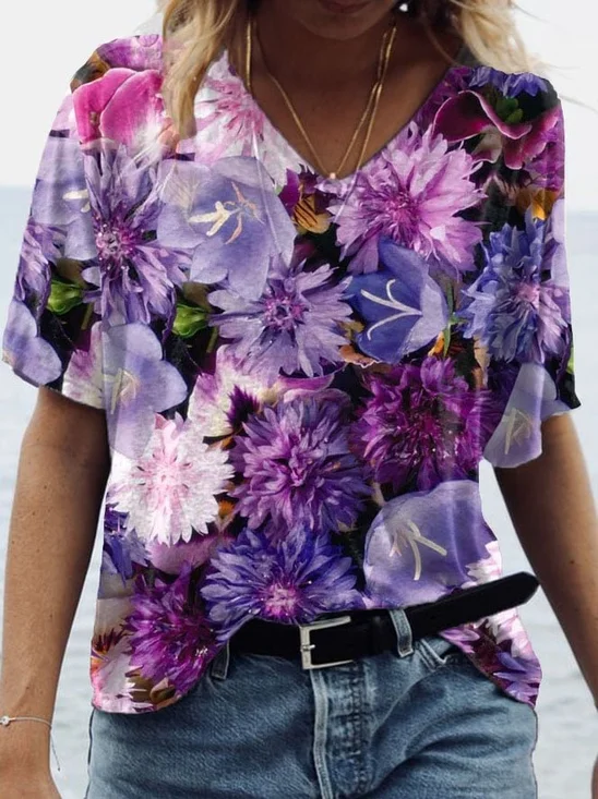 Women's Short Sleeve T-shirt Tee Summer Purple Floral Knitted V Neck Daily Going Out Casual Top