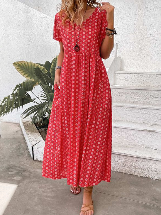 Women's Short Sleeve Summer Geometric Buckle V Neck Daily Going Out Casual Maxi A-Line Red