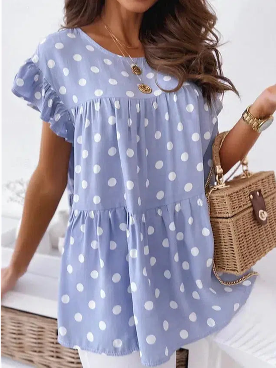 Women's Short Sleeve Blouse Summer Polka Dots Crew Neck Ruffle Sleeve Daily Going Out Casual Top Light Blue