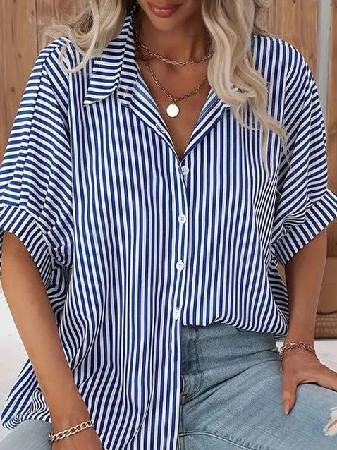 Women's Short Sleeve Shirt Summer Striped Shirt Collar Daily Going Out Casual Top Blue
