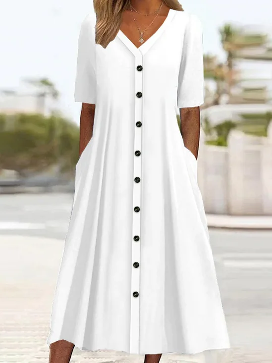 Women's Short Sleeve Summer Plain Buckle Cotton V Neck Daily Going Out Casual Midi A-Line White Dress