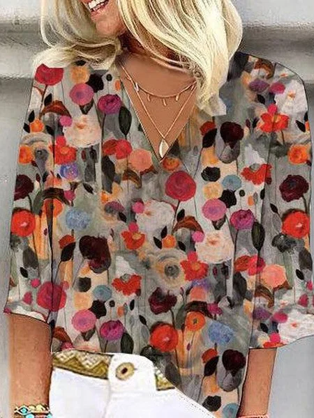 Women's Half Sleeve Blouse Summer Floral V Neck Daily Going Out Casual Top Orange