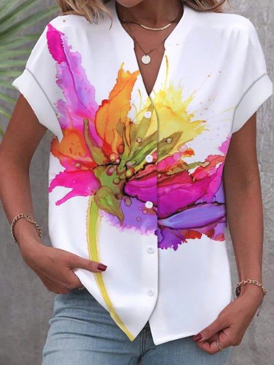 Women's Short Sleeve Shirt Summer Floral Daily Going Out Casual Top White