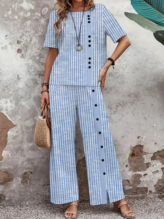 Women's Cotton And Linen Striped Daily Going Out Two Piece Set Short Sleeve Casual Summer Top With Pants Matching Set Blue