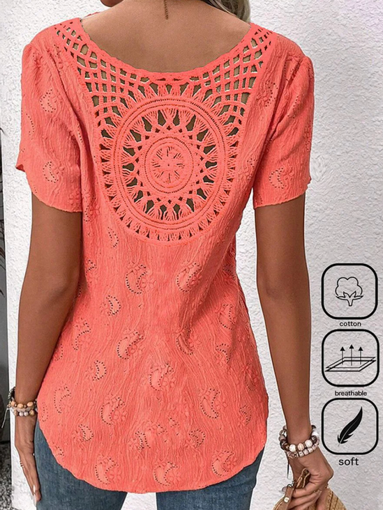 Women's Short Sleeve Blouse Summer Plain Lace Cotton Notched Daily Going Out Casual Top Orange Red