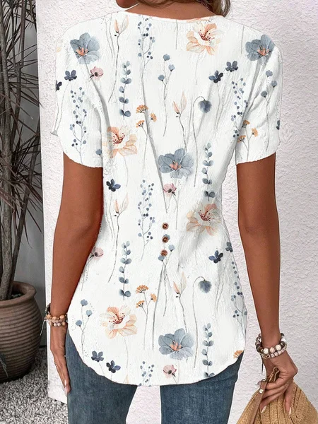 Women's Floral Buttoned Notched Petal Sleeve Daily Top
