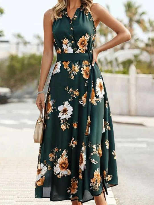 Women's Sleeveless Summer Floral V Neck Daily Going Out Vacation Maxi X-Line Dark Green