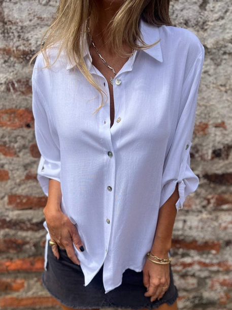 Women's Long Sleeve Shirt Spring/Fall Plain Shirt Collar Daily Going Out Casual Top White