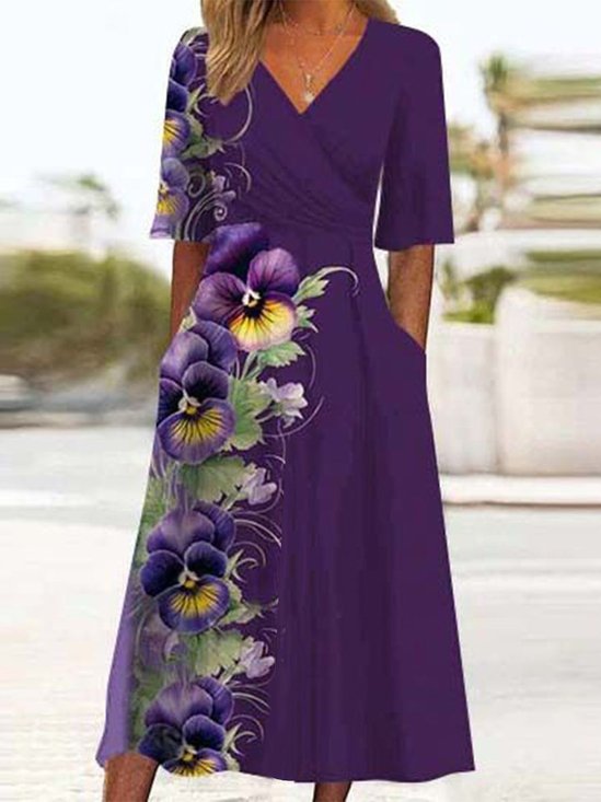 Women's Half Sleeve Summer Floral Knitted V Neck Daily Going Out Casual Midi X-Line Purple