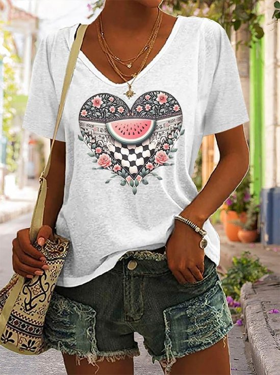 Women's Short Sleeve Tee T-shirt Summer Heart/Cordate Cotton V Neck Holiday Going Out Casual Top White