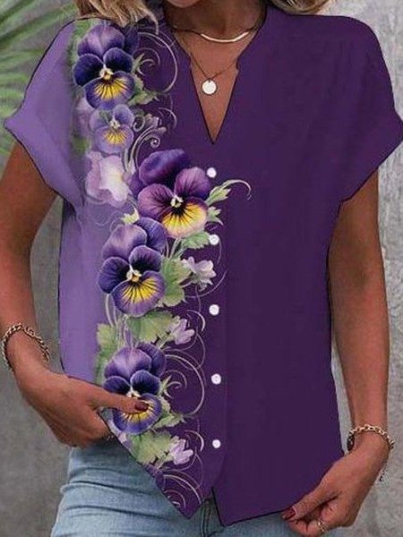 Women's Short Sleeve Shirt Summer Floral Printing V Neck Daily Going Out Casual Top Purple
