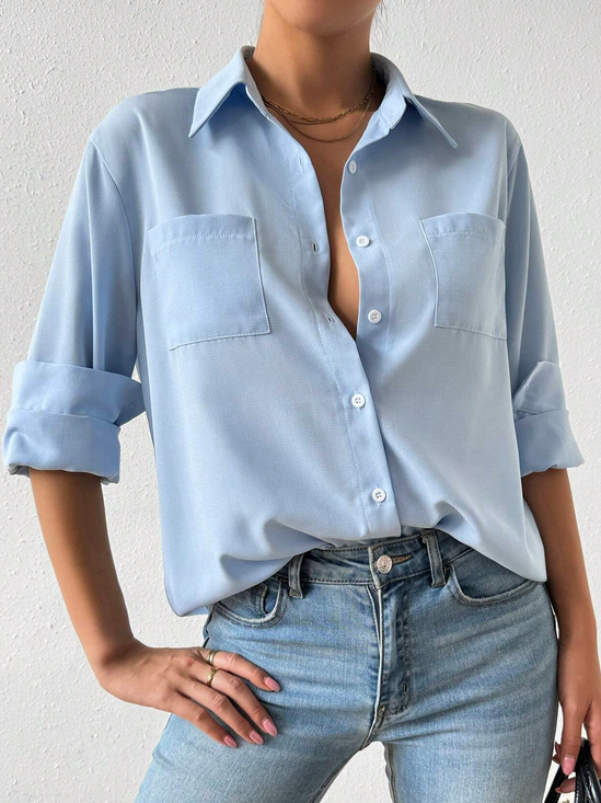Women's Long Sleeve Shirt Spring/Fall Plain Shirt Collar Daily Going Out Casual Top Light Blue